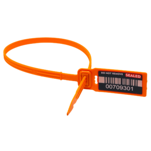 Durchziehplombe mit 7.5mm starkem Plombenband in orange mit Nummerierung und Barcode.