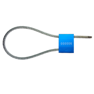 Hochsicherheits-Kabelplombe mit 5mm starkem Stahlseil in blau. ISO 17712 zertifiziert.