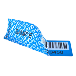 Sicherheitsetikett in blau ohne Rückstand. Zeigt die Entsiegelung am Siegel an. Hier anschaulich demonstriert. Manipulationsschutz.